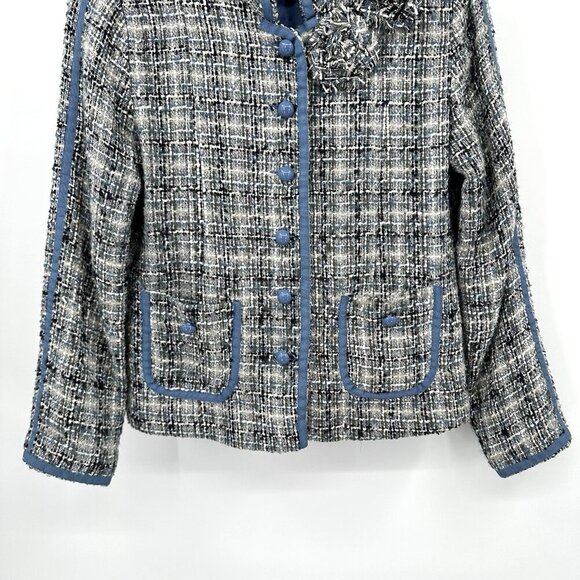 ANNE CARSON jacket blazer silk nubby boucle broach pockets office blue petite PL - Picture 4 of 6